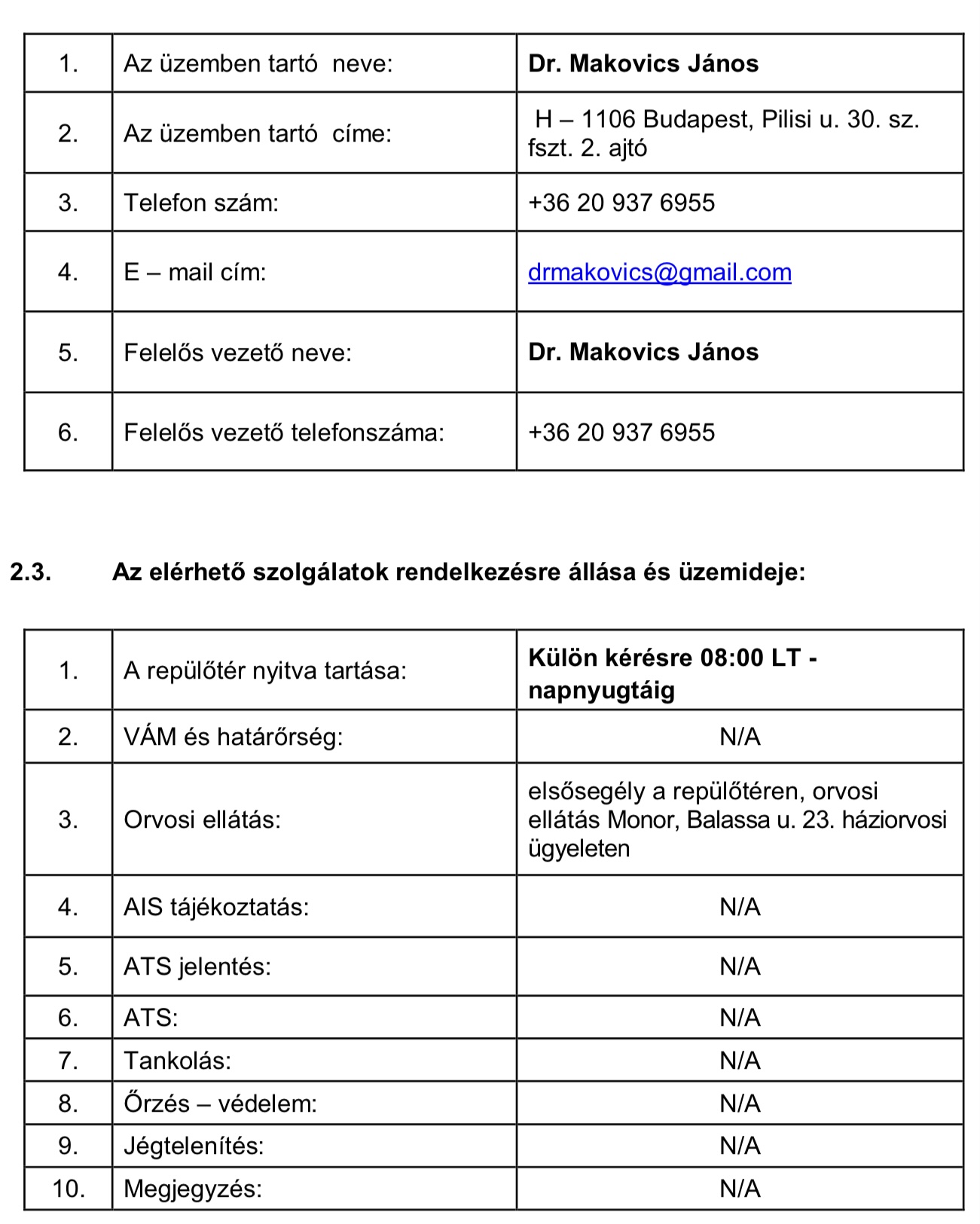 Repülőtér adatai 2